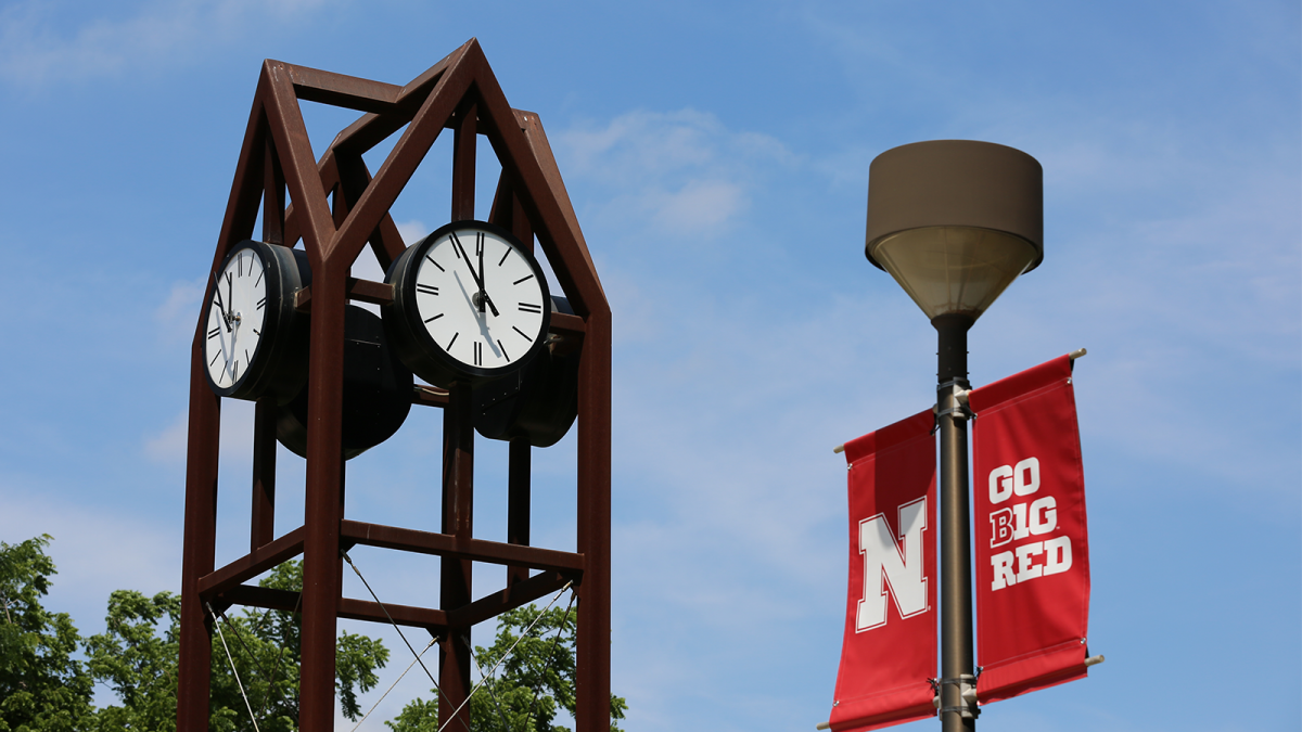 East Campus clock and banner